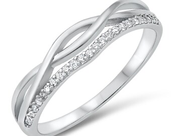 Personalized 925 Sterling Silver Twisted Ring with Clear CZ