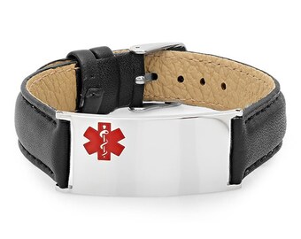 Medical ID Bracelet Stainless Steel with Black Leather