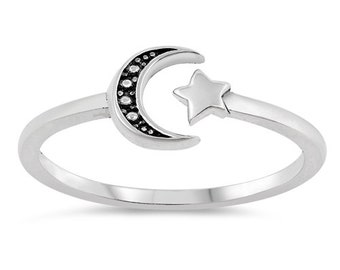 Quality Sterling Silver Moon and Star Ring