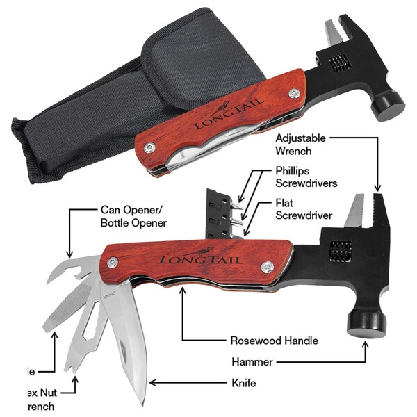 Personalized 3 3/4" Hammer Multi-Tool with Wood Handle with Pouch- Free Engraving