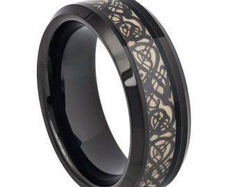 Personalized Tungsten Ring Black IP with Celtic Cut-Out Design Inlay- Comfort Fit - Free engraving