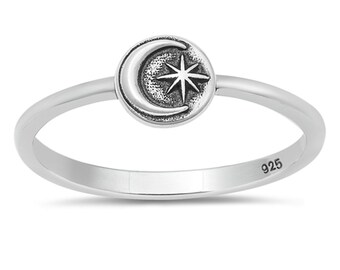 Personalized 925 Oxidized Sterling Silver Moon & Star Ring