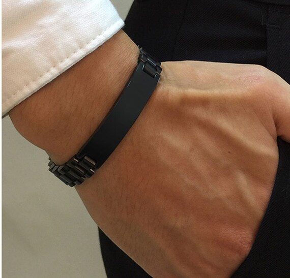 Personalized Stainless Steel Casual Black ID Bracelet Etsy