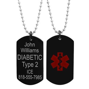 Stainless Steel Black Medical ID Dog tag with 30" bead chain