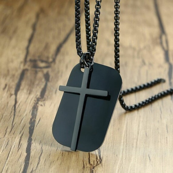 Mens Matte Box Chain Dog Tag Necklace with Baguettes Finished in Black  Rhodium - CRISLU