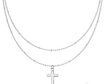 Personalized Cross Pendant on Double Layered Stainless Steel Chain