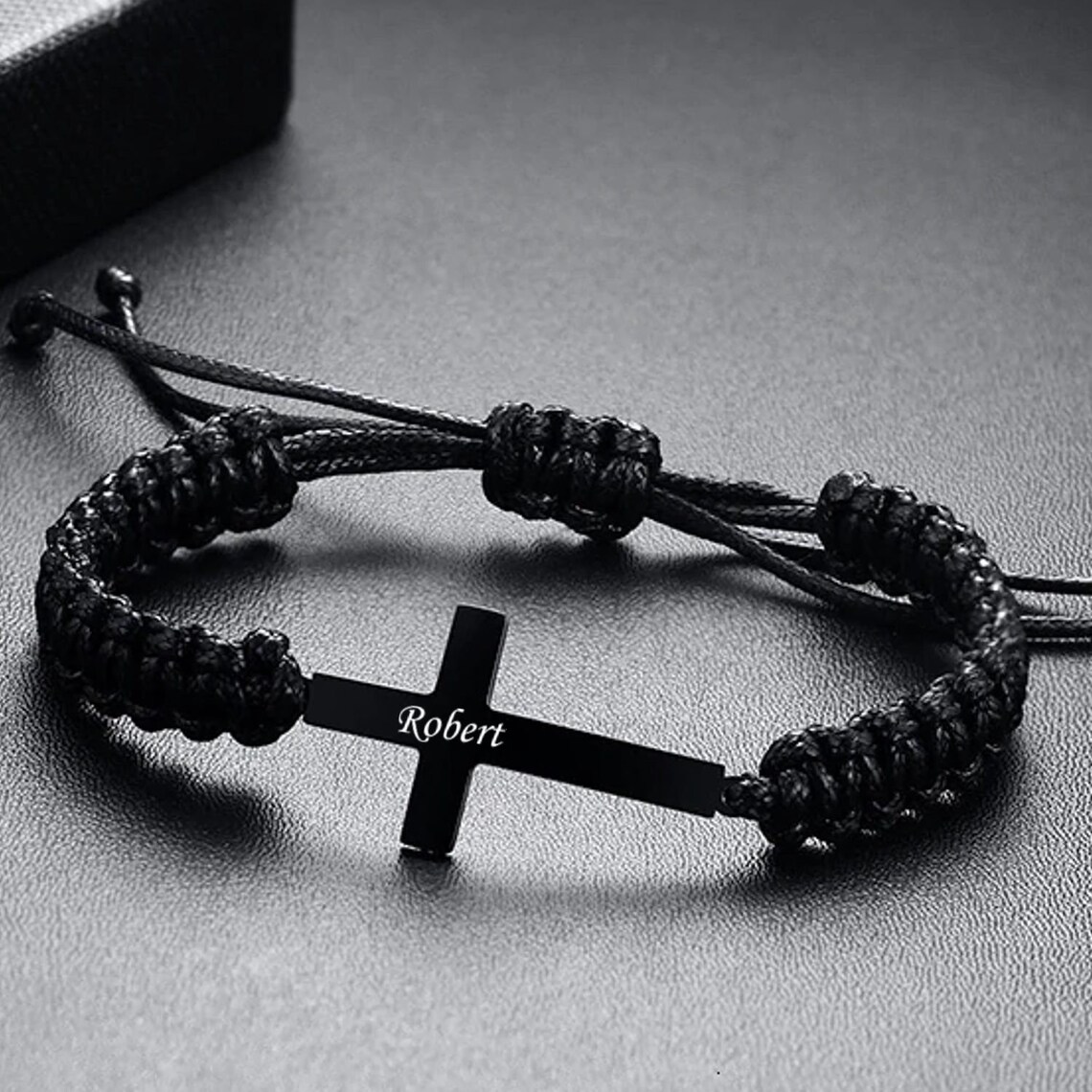 Personalized Braided Rope Bracelet with Black Cross Charm Etsy