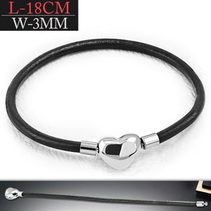 Black Leather Bracelet With Stainless Steel Heart Shaped Barrel Clasp Closure- Free Engraving