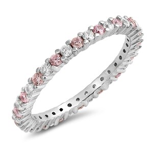 Quality 2mm 925 Sterling Silver Eternity Ring with Pink & Clear CZ