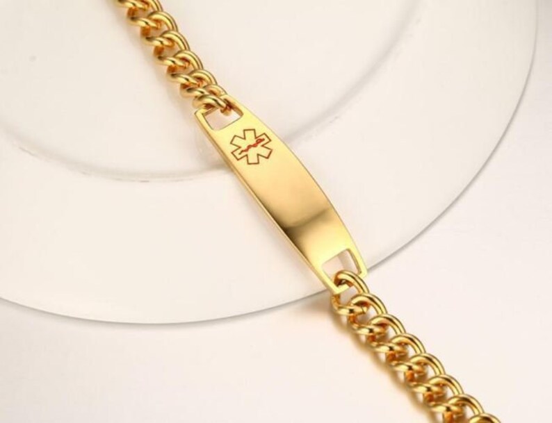 Free Engraving Quality Ladies Stainless Steel Gold Color Medical ID Bracelet