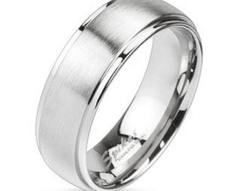 Personalized Stainless Steel Two Tone Polished Edges and Brushed Metal Ring