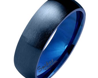 Free engraving-Matte Finish Surface Classic Dome Blue PVD Stainless Steel Ring