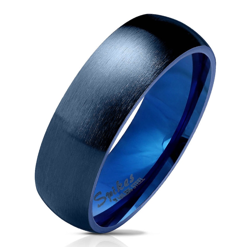 Free engraving-Matte Finish Surface Classic Dome Blue PVD Stainless Steel Ring image 1