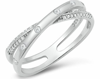 Quality 925 Sterling Silver Criss Cross Ring with CZ