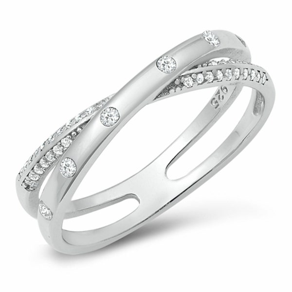 Quality 925 Sterling Silver Criss Cross Ring with CZ