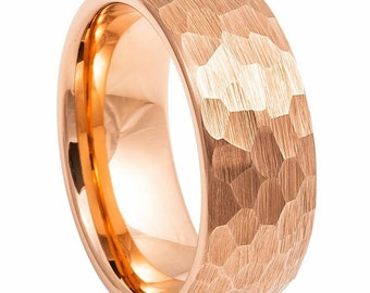 Personalized 8mm Rose Gold IP Plated Hammered Brushed Tungsten Ring