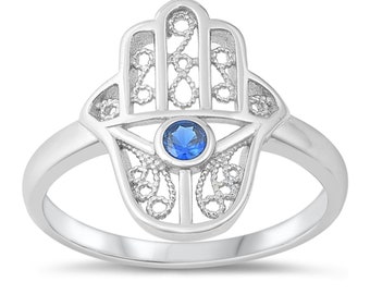 Quality 925 Sterling Silver Hamza Ring with Blue Sapphire CZ