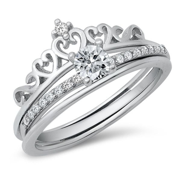 Quality 925 Sterling Silver Crown Solitaire Ring with Clear Cubic Zirconia