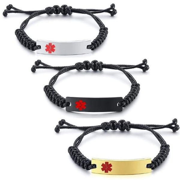 Quality Adjustable Black Braided With Stainless Steel Medical Alert ID Bracelet- Free Engraving