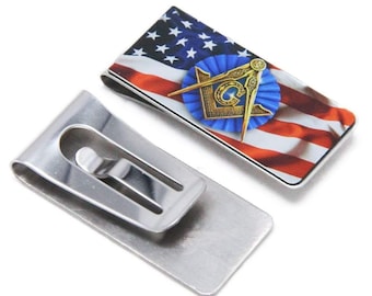 Stainless Steel Money Clip with American flag and Masonic Symbol