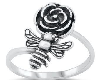 Personalized 925 Sterling Silver Ring - Bee & Flower