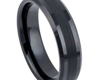 6mm Tungsten Carbide Black IP Plated Brushed Center with High Polished Edges- Comfort Fit - Free engraving