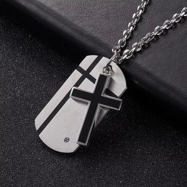 Personalize Stainless Steel Cross Dog Tag Necklace Pendant with Chain