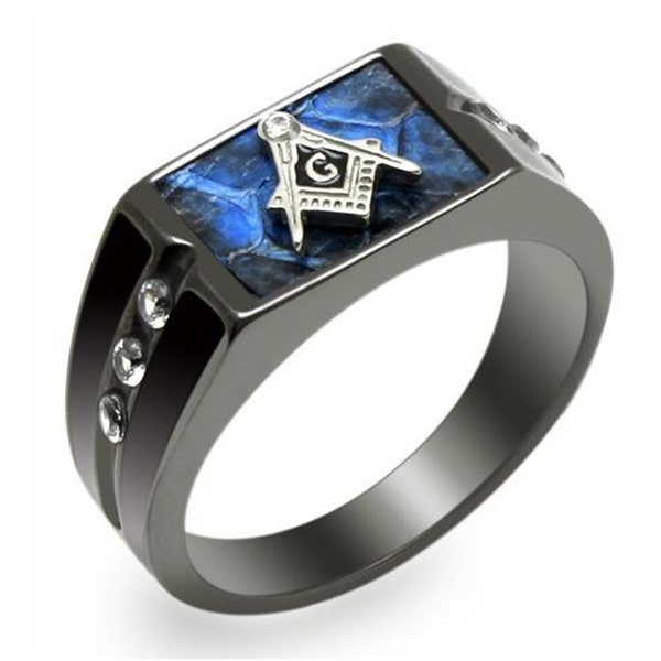 Quality Black Stainless Steel Men's Masonic Ring with CZ