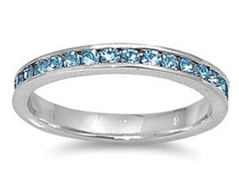 Personalized Sterling Silver eternity Ring with Aquamarine CZ - Free Engraving