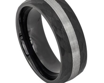 8mm Tungsten Carbide Black IP Plated Hammered Side Ring- Comfort Fit - Free engraving