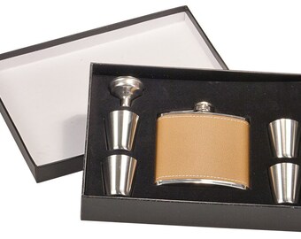 6 oz Leather Flask Set in Black Presentation Box- Free Engraving