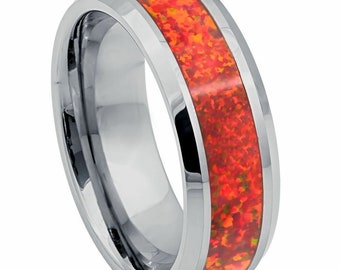 Personalized Synthetic Red Fire Opal Inlay Beveled Edge Tungsten Ring