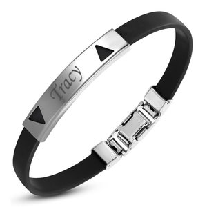 Personalized Black Rubber Bracelet with Stainless Steel Cut-Out Triangle- Free Engraving