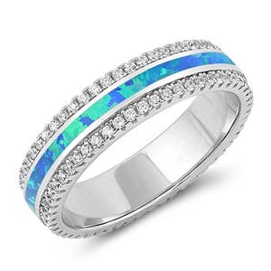 5mm Sterling silver Blue Lab Opal Promise Ring With CZ