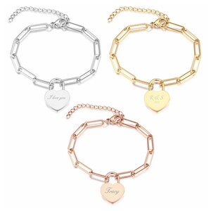 Personalized Stainless Paper Clip Link Bracelet with Heart Charm