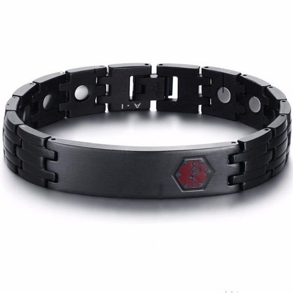 Stainless Steel Black Medical Alert ID Bracelet with Magnetic Therapy-Free Engraving