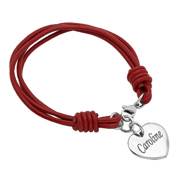 Personalized Heart Charm Red Leather Bracelet - Free Engraving