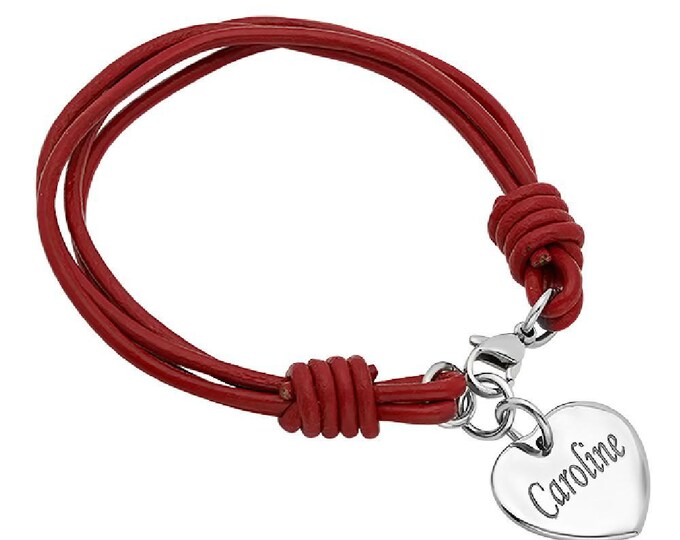 Personalized Heart Charm Red Leather Bracelet - Free Engraving