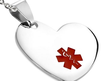 Stainless Steel Medical Alert ID Love Heart Charm Pendant with Chain