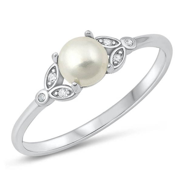 Personalized Rhodium Plated 925 Sterling Silver Pearl Ring with CZ