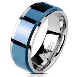 Free engraving-Personalized Stainless Steel Blue IP 2 Tone Spinner Ring
