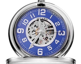 Personalized Winding Mechanical Pocket Watch with Silver Blue Dial