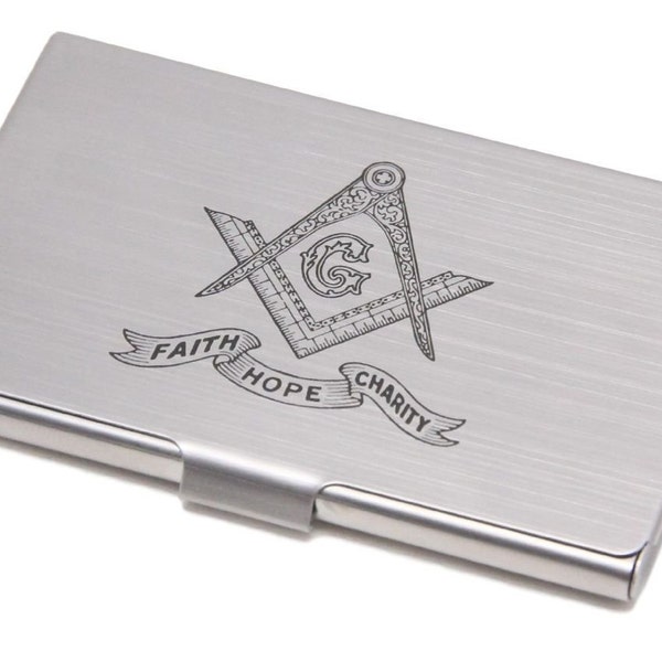 Quality Business Card Holder Brushed Silver Color with Masonic Symbol