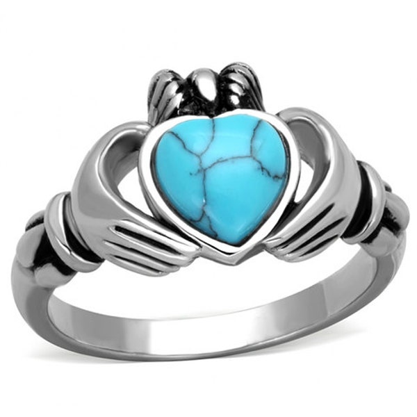 Quality Stainless Steel Claddagh Turqoise Heart Ring