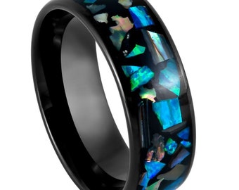 8mm Dome Black IP with Lab Opal & Abalone Fragments Inlay Tungsten Ring