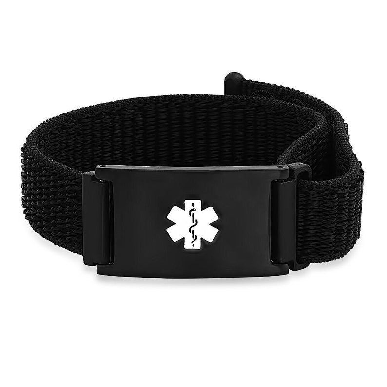 Personalized Quality Medical ID Bracelet With Adjustable Lightweight Nylon Strap Free Engraving Black/Black