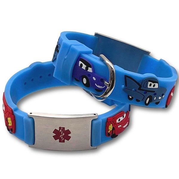 Personalized Blue Rubber Kids 3D Medical ID Bracelet with Cars Design