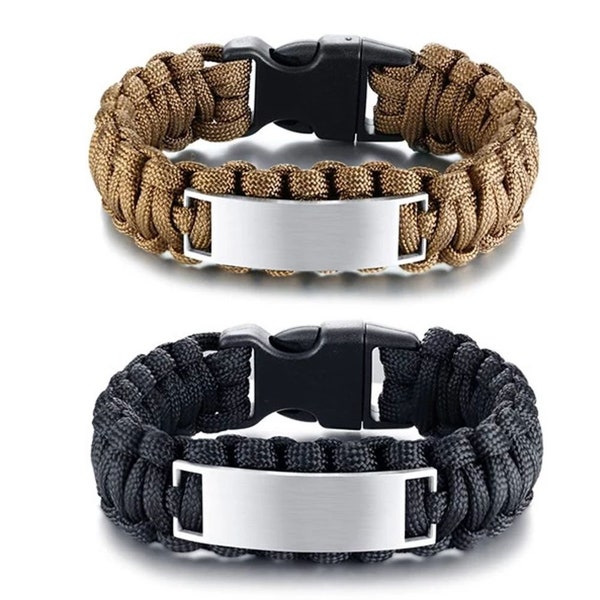 Forevergifts Men's Survival Paracord Rope Bracelet with Stainless Steel ID Plate- Free Engraving