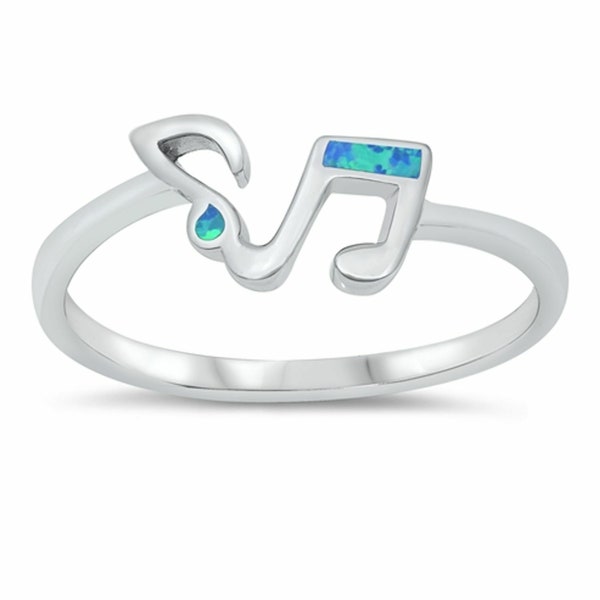 Quality 925 Genuine Sterling Silver Music Note Ring with Blue Lab Opal