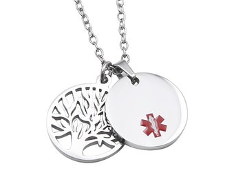 Stainless Steel Round Medical ID Pendant with Tree of Life Charm-Free Engraving